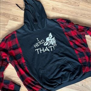 Upcycled hoodie Black with red plaid, and custom cow design